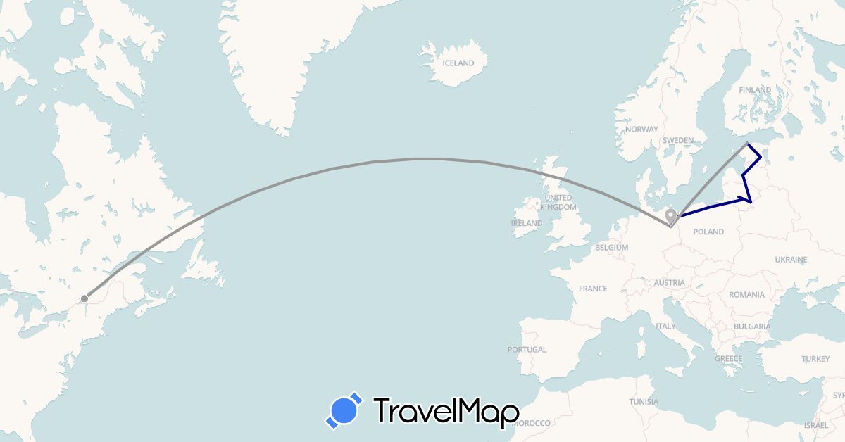 TravelMap itinerary: driving, plane in Canada, Germany, Estonia, Lithuania, Latvia, Poland (Europe, North America)